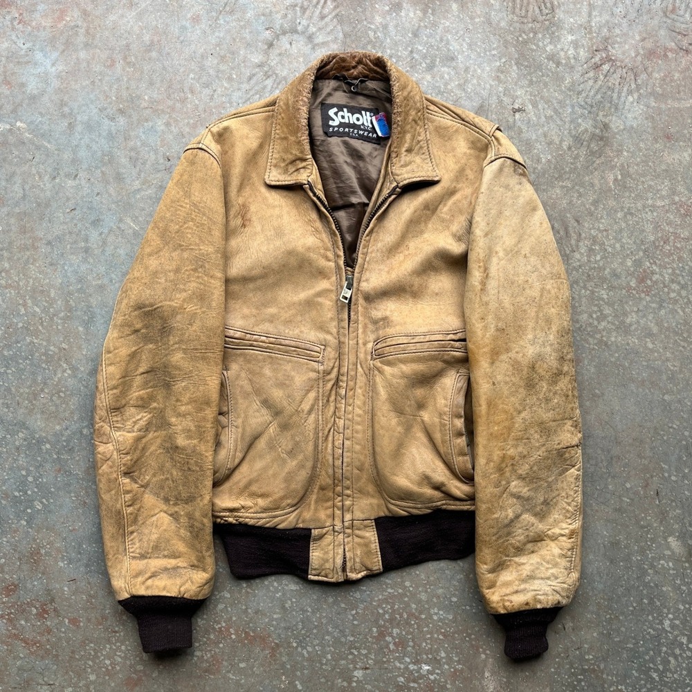 Schott NYC Sportswear Vintage Leather Bomber Jacket Tan Made in USA Size 40‎
